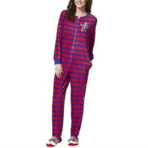 Adult NICK & NORA Sz S Sock Monkey One-Piece Pajamas Red Blue Stripe Fleece - Picture 11 of 11